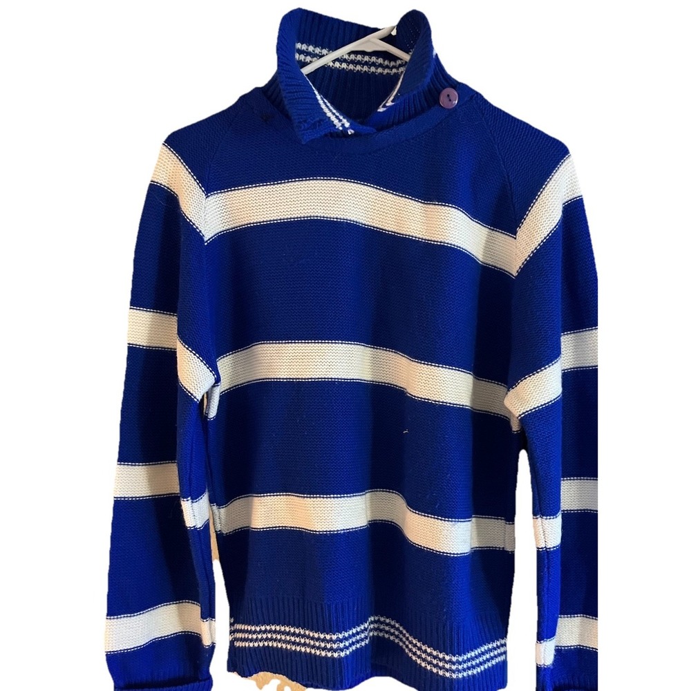 Vtg Jamknits Large Blue Striped Print High Neck Long Sleeve Fashion‎ Sweater